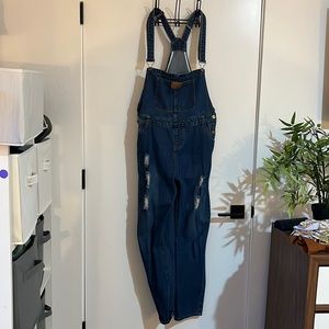 Denim overalls with distressed detail